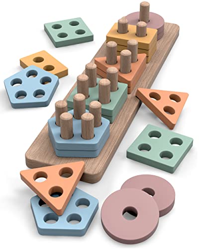 GOPO TOYS Montessori Toys for 18+ Months Old - Toddlers Wooden Sorting and Stacking Toys