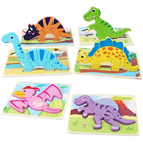 SYNARRY 6 Pack Dinosaur Wooden Puzzles for Kids 3-5