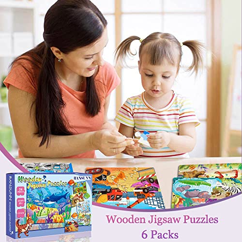 Colorful wooden puzzles for kids ages 3-5 depicting various themes