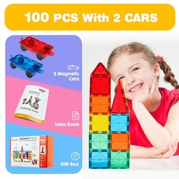 Gemmicc Magnetic Tiles 100 PCS with 2 Cars small image
