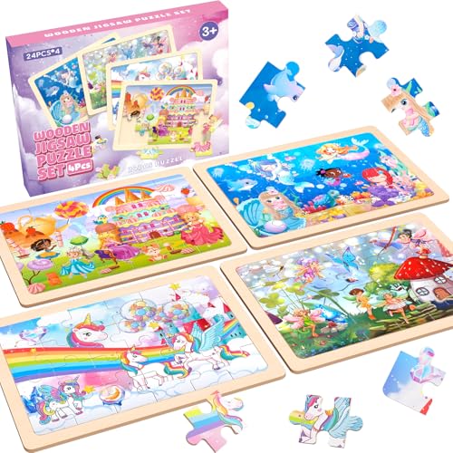 Wooden Puzzles for Kids Unicorn Mermaid Princess Fairy 4 Pack