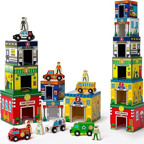 Atoylink Toddler Sorting and Stacking Toys with Magnetic Wooden Cars & Community Helpers