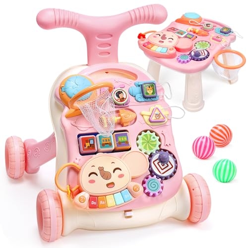 CUTE STONE Baby Walker for Girls, 2 in 1 Sit to Stand Learning Walker and Activity Center