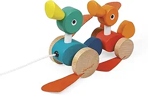 Janod Zigolos Pull Along Duck Family Early Learning and Motor Skills Toy with Flapping Feet Made of Beech and Cherry Wood for Ages 12 Months+